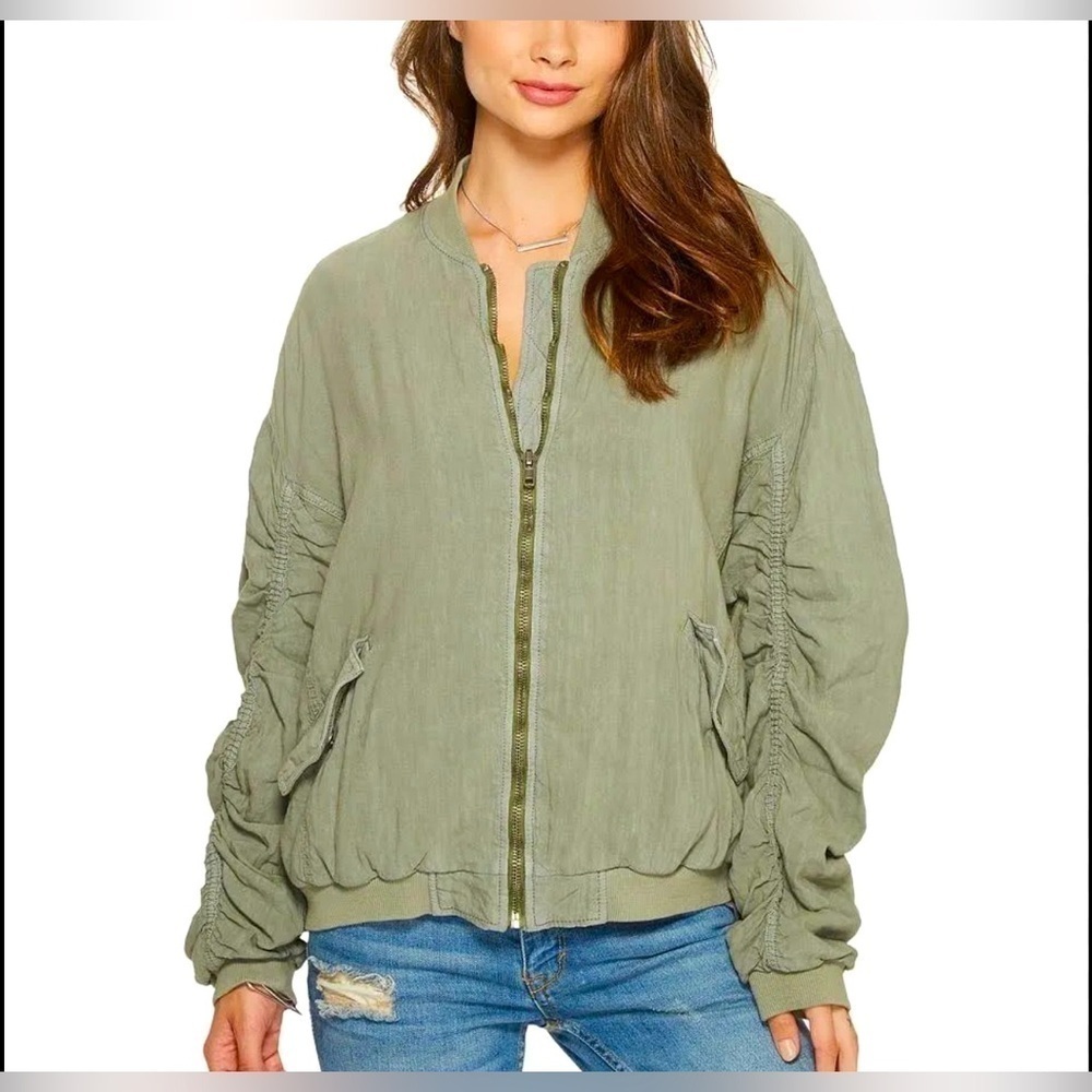 Free People, Ruched Linen Bomber Jacket, XS in Olive